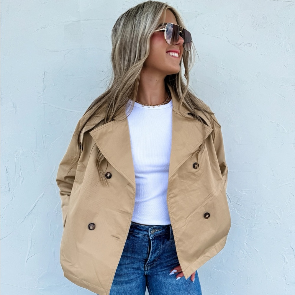 Classic Tan Double-Breasted Crop Trench Women's Jacket